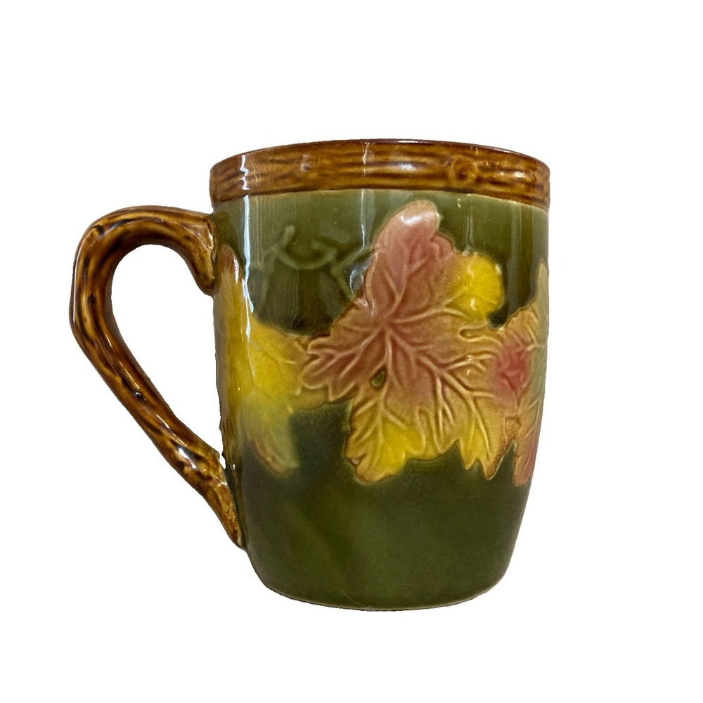 Vtg Autumn Leaf Coffee Mug Olive Green Brown Raised Embossed Tree Handle